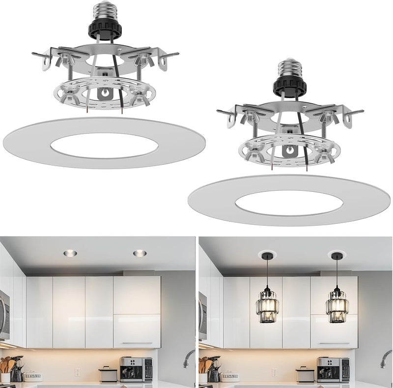 tebio Recessed Can Light Conversion Kit for 5" and 6" Ceiling Fixtures - Pendant/Hanging Light Upgrade, Compatible with Ceiling Fans, Includes 7¾" Flat Steel Medallion, White Finish,2 Pack - Image 1